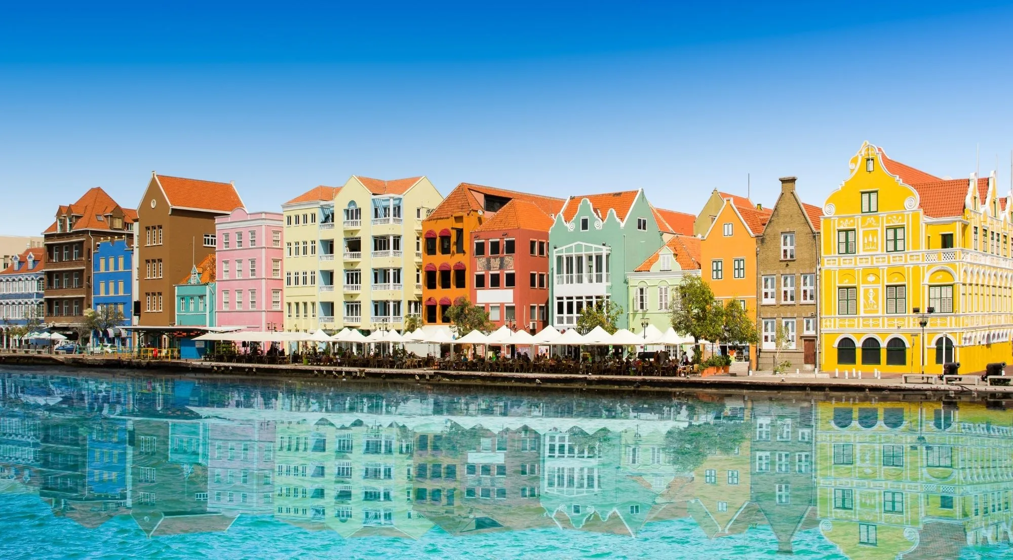 The colourful Dutch colonial facades of the Handelskade reflected in Willemstad's harbour water